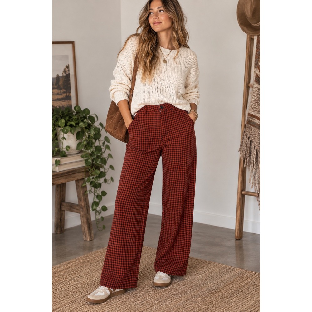 Brixton Pant Burnt Orange Black Gingham Check Wide Leg High Rise Trousers 28
